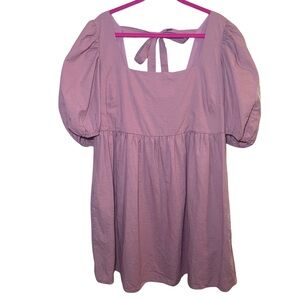 Arula Dress Women’s Sz A 1X Pink Puff Sleeve Babydoll Tie Back Zip Short Cotton